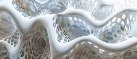 Wall Mural - white perforated futuristic structure, abstract digital waves of ai mind, data surface texture backg