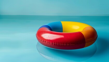 A colorful life ring floating in a blue swimming pool.