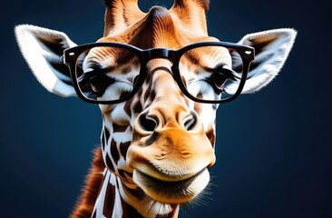 Wall Mural - Close-up of a giraffe's head wearing glasses on a blue background