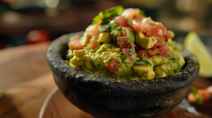 Poster - Steamy Fresh Guacamole in a Stone Bowl with Tortilla Chips