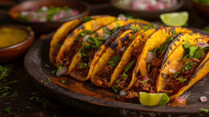 Wall Mural - Authentic Mexican Tacos with Grilled Meat and Fresh Garnishes