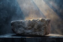 Weathered Stone Box Pedestal On Black Platform, Single Spotlight Highlights Top Surface Hyperrealistic 3D, Textures, Light 02