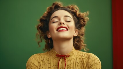 Wall Mural - Joyful Woman with Curly Hair Laughing on Colorful Background