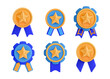 3D medal icon. Quality gold star for certificate or award. Championship reward. Trophy render badge. Customer rating. Guarantee medallion with ribbons. Vector achievement prizes set