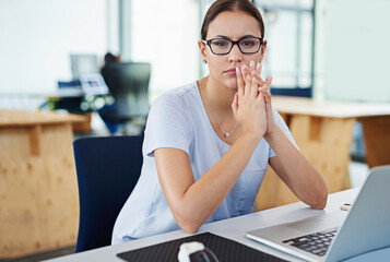 Canvas Print - Woman, thinking and laptop on desk in portrait for confidence, planning and schedule meeting. Female person, tech and thoughts or ideas of work agenda, research data and creative strategy in office