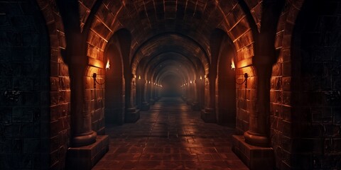 Dark dungeon backgrounds, long scary medieval castle corridor with torches. Endless mystical nightmare and opportunity for secret treasure, game, Halloween, party event card backgrounds.