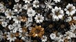 Abstract floral background with gold white and black flowers.