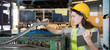Female warehouse worker wearing safety uniform working with digital tablet and inspecting quality for auto spare parts at warehouse