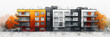 Colorful architectural building façade elevation drawing with urban cityscape  