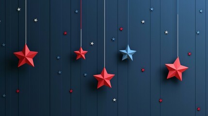 Wall Mural - Minimalist 4th of July theme with red and blue 3D stars hanging on dark blue background, patriotic promotions and social media.