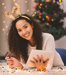 Sticker - Christmas, portrait and happy woman with credit card on tablet for online shopping, payment or ecommerce on bokeh. Xmas, face and girl on technology for sales, finance and relax on holiday in home