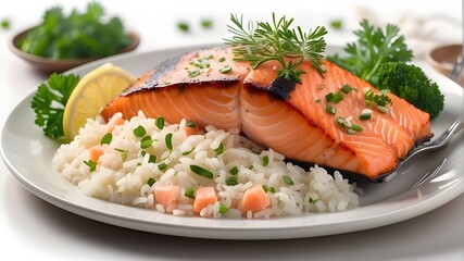 A photorealistic image of a plate featuring a delicious salmon and rice dish. The salmon is perfectly cooked and garnished with fresh herbs. The rice is fluffy and well-presented, complementing the sa