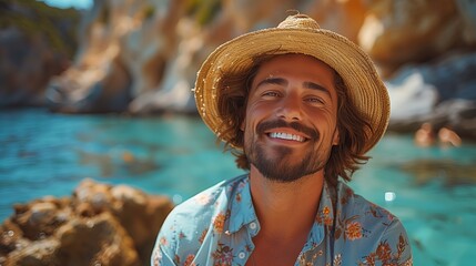 happy handsome laughing young man standing on the beach wearing summer shirt, summer time concept, beautiful view ocean and beach on background