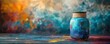 Artistic paintbrush jar on colorful backdrop