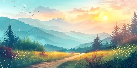 Wall Mural - serene mountain landscape with winding trail at sunset inspiring adventure and outdoor