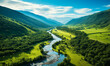 Majestic Landscape: Aerial View of Verdant Valley with Winding River and Towering Mountains