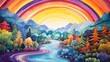 Vibrant Rainbow Over a Stylized Colorful Forest Landscape with Meandering River