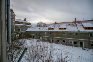 Wall Mural - Exploration of the historic old stone mill with a spiral staircase in Southern Poland, Europe, in Winter