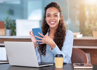 Wall Mural - Black woman, portrait and typing on laptop and phone in office, smile and networking on app. Female person, happy and website for research and check email, planning and consultant for communication