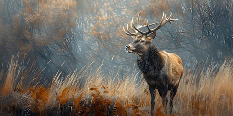 Sticker - A Stately Stag Stands Tall in an Autumnal Wilderness Landscape a Captivating Scene for Wildlife Conservation Photography