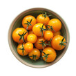 A vibrant bunch of yellow tomatoes nestles in a bowl standing out against a transparent background