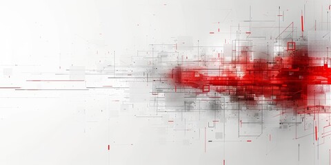 Complex red and white digital abstract composition with geometric and pixelated patterns