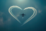Fototapeta Góry - Plane Flying in Sky With Heart Shaped Smoke Trail