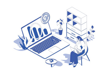 Wall Mural - seo optimization 3d isometric concept in isometry graphic design for web. people scene with woman wo