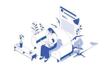 Poster - Online reading 3d isometric concept in isometry graphic design for web. People scene with woman reading e-books or digital information using laptop, learning with textbook app. Vector illustration.