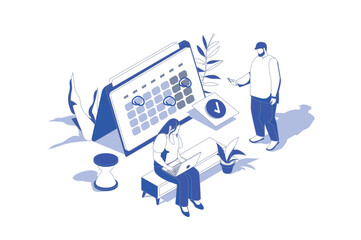 Aufkleber - Time planning 3d isometric concept in isometry graphic design for web. People scene with team scheduling work tasks, setting goals and dating at calendar, creating daily agenda. Vector illustration.