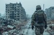 Lonely soldier walking through war-torn city