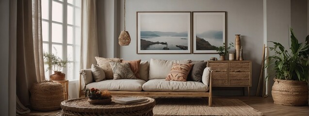 Wall Mural - Horizontal frame mockup in boho living room interior