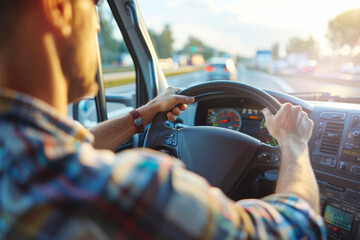 Man in checkered shirt drives truck holding steering wheel at sunny countryside. Employee controls delivery lorry sitting in cabin closeup.