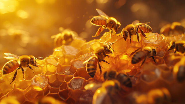 A close-up of a honey bee on a honeycomb filled with honey, a natural sweet food produced by bees in a natural setting.