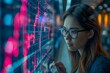 Woman analyzing futuristic data on screens