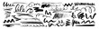 © redgreystock - Vector hand drawn charcoal pencil squiggles, rough brush strokes, scribbles, bold zigzag line and swirls. Crayon doodle wavy strip, chalk smears, curly underlines. Black coal scratch or squiggly lines