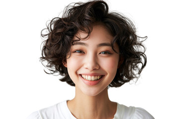 Wall Mural - Portrait shot of Asian beautiful young woman with curly hair and happy joyful attractive smile, isolated on transparent png background.