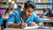 © Anna - Focused Indian student studying hard in library setting.