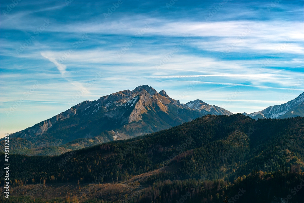 Mountain landscape with grey mountain peak and green forest, and ...
