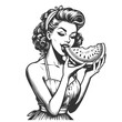 pin-up girl with slice of watermelon, embodying summer fun and nostalgia sketch engraving generative ai fictional character vector illustration. Scratch board imitation. Black and white image.
