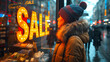 Woman looking at glowing SALE sign in shop window of seasonal discounts. Winter Sale Shopping Excitement