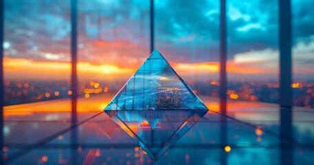 Wall Mural - A glass pyramid with a reflection of a blurred sunset city lights in it on a reflective surface with a blurry background.