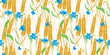 Ears of wheat, cornflowers, butterflies, ripe, yellow, blue seamless vector pattern background, paper,textile