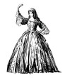 Lady,long dress,dance,young,graceful,elegance,pretty,fashion,theater,history,one person, historical costume, ,woman,vintage,18th century,hand drawn,sketch,vector,illustration,doodle