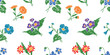Pansy,violets wildflowers,hand drawn, spring,seamless pattern, white background, textile,fabric, wallpaper, paper, vector hand drawn illustration