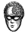 Vintage venetian carnival mask, masquerade,face,black and white sketch,vector hand drawing isolated on white