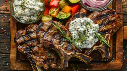 Wall Mural - grilled lamp chops with vegetables and tzatziki, food photography, 16:9