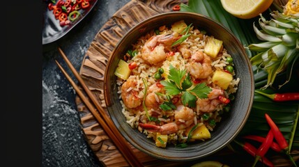 Sticker - pineapple rice and moo hong, southern of thai, food photography, 16:9