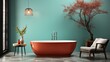 b'A stylish bathroom with a red bathtub, a bonsai tree, and a gray floor'