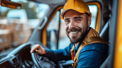 Smiling driver with uniform driving car in the shape of box parcel, delivery concept